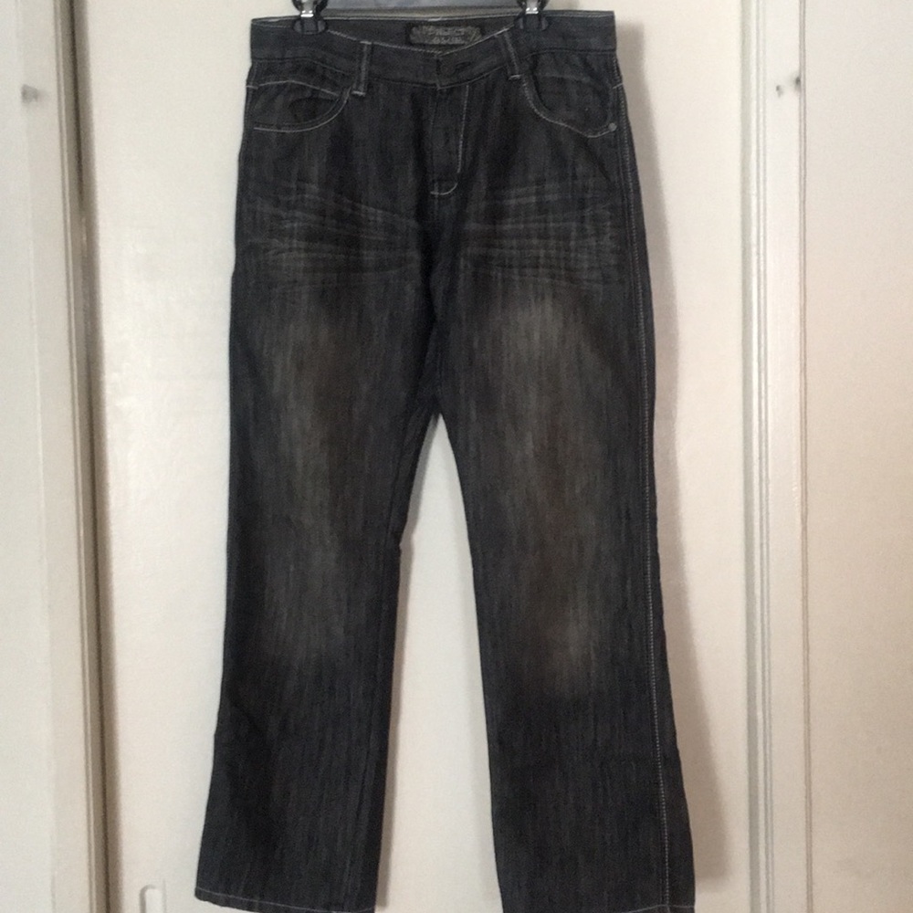 Black pair of Direct Blue 34x32 straight leg jeans